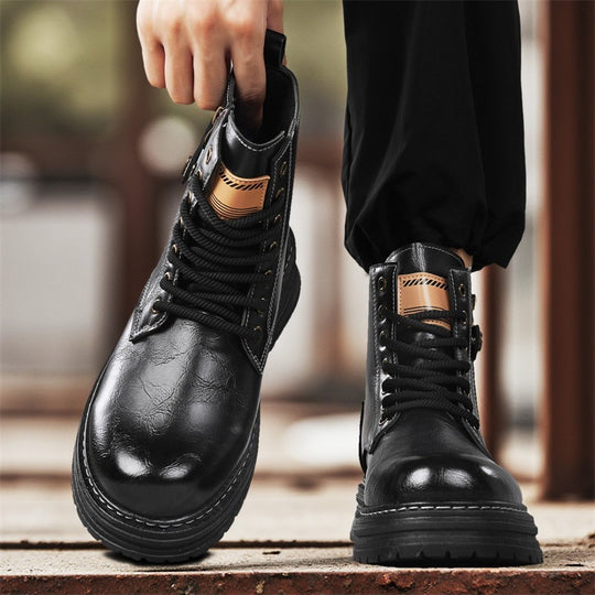 Herren robuste Lederoptik Combat-Boots mit seitlichem Reißverschluss und gepolsterter Plateausohle EB