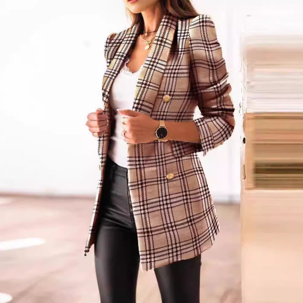 Damen nan taillierter kariert langer Blazer mit Doppelreiher und Schulterpolstern EB