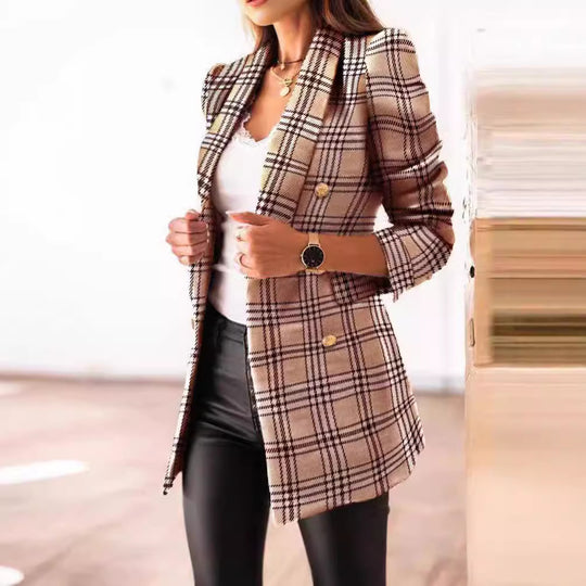 Damen nan taillierter kariert langer Blazer mit Doppelreiher und Schulterpolstern EB