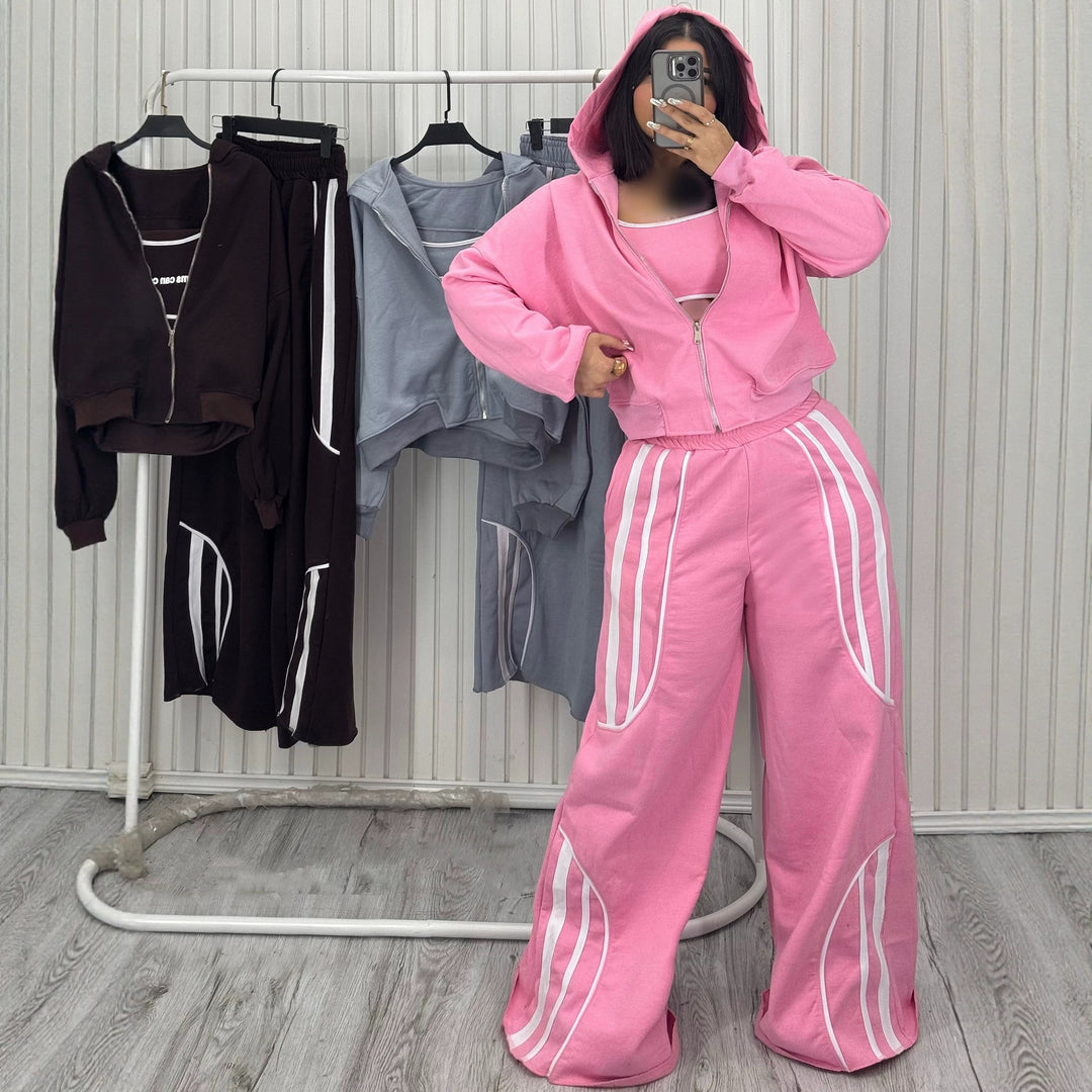 Damen Oversize Kapuzen-Sweatjacke mit Reißverschluss und weitem Trackpant-Set EB