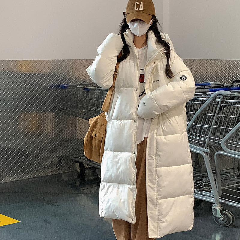 Damen Lange Steppjacke mit Kapuze und hohen Kragen EB