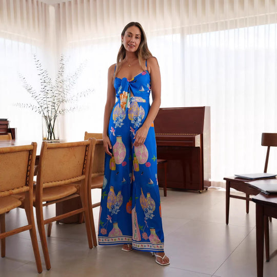 Damen langes Sommerkleid mit verspieltem Dekolleté und buntem Muster EB
