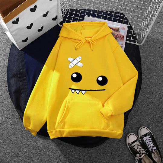 Damen nan Kapuzenpullover mit verspieltem Monstergesicht, Bandagen-Applikation und Kängurutasche EB