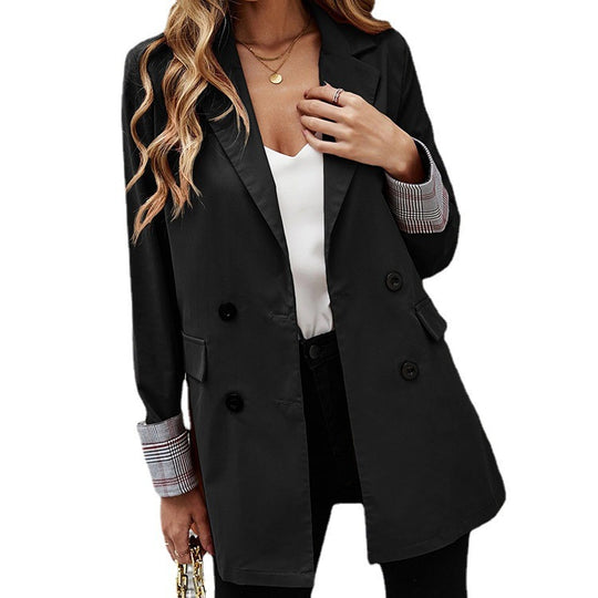 Damen Eleganter Doppelreiher Blazer mit kariertem Detail EB