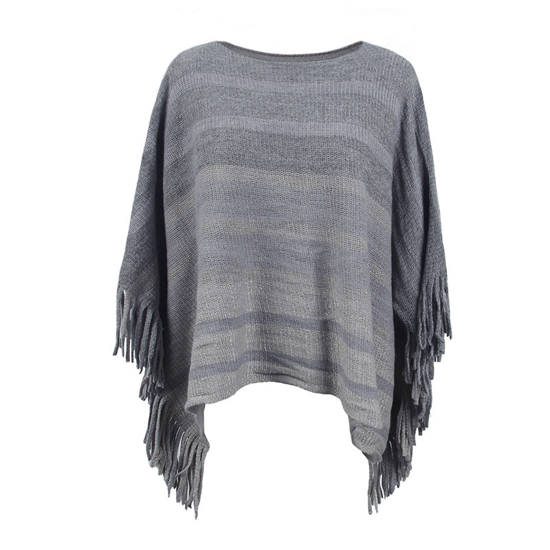 Damen eleganter Poncho mit strukturiertem Design und fransigen Details EB