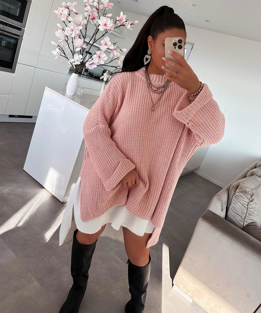 Damen grob gestrickter Oversize-Pullover mit V-Ausschnitt und lässigem Schnitt EB