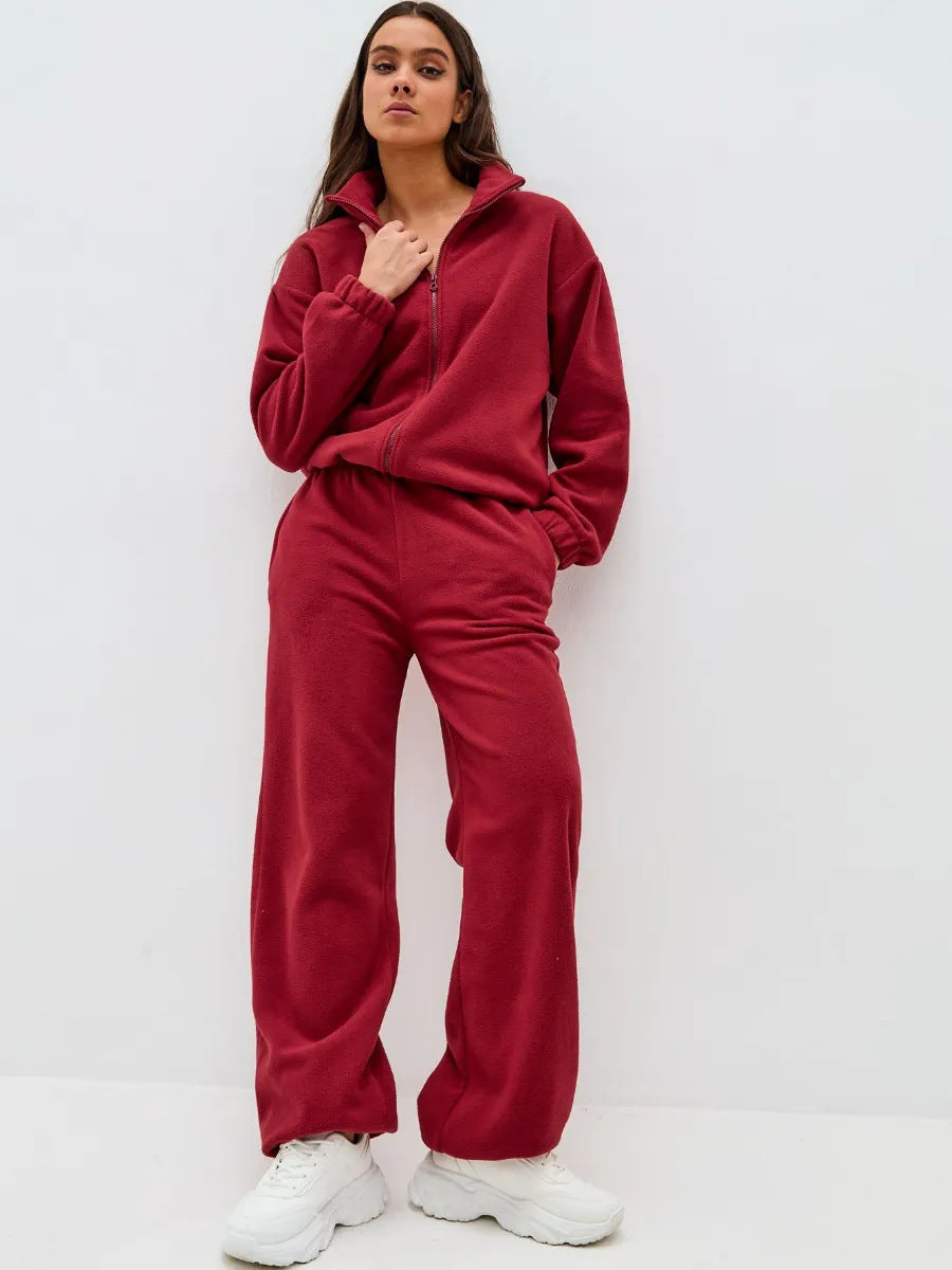 Damen Komfortables Fleece-Loungewear-Set mit kurzem Zip-Top und weiter High-Waist-Hose EB