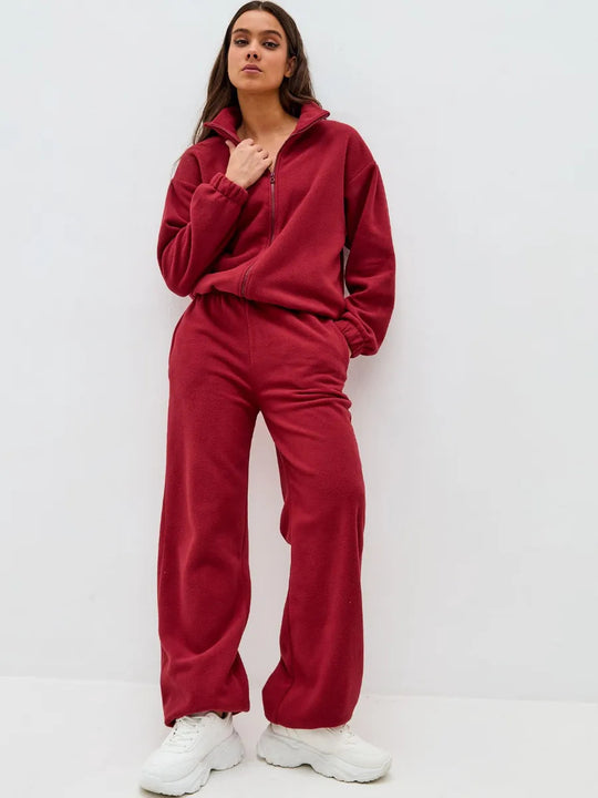 Damen Komfortables Fleece-Loungewear-Set mit kurzem Zip-Top und weiter High-Waist-Hose EB