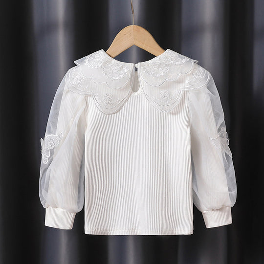 Mädchen modische Bluse mit eleganten Tüllärmeln und kunstvoller Spitzenverzierung EB