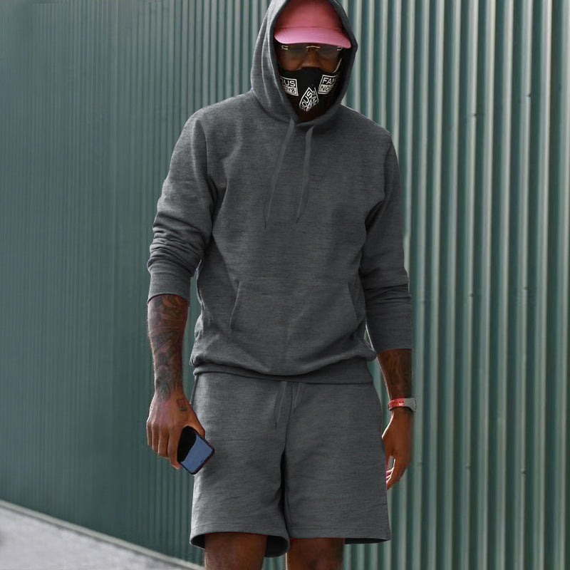 Herren nan zweiteiliges Freizeit-Set Hoodie und Sweatshorts aus French Terry mit Kängurutasche und Tunnelzug EB