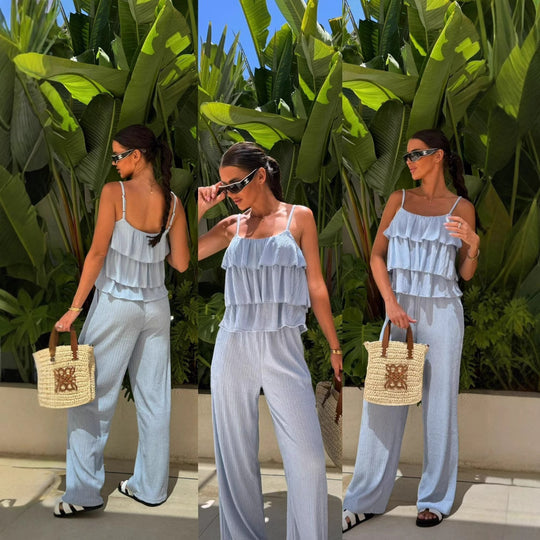 Damen Plissee-Volant-Cropped-Top mit Spaghettiträgern und weitem High-Waist-Hose-Set EB