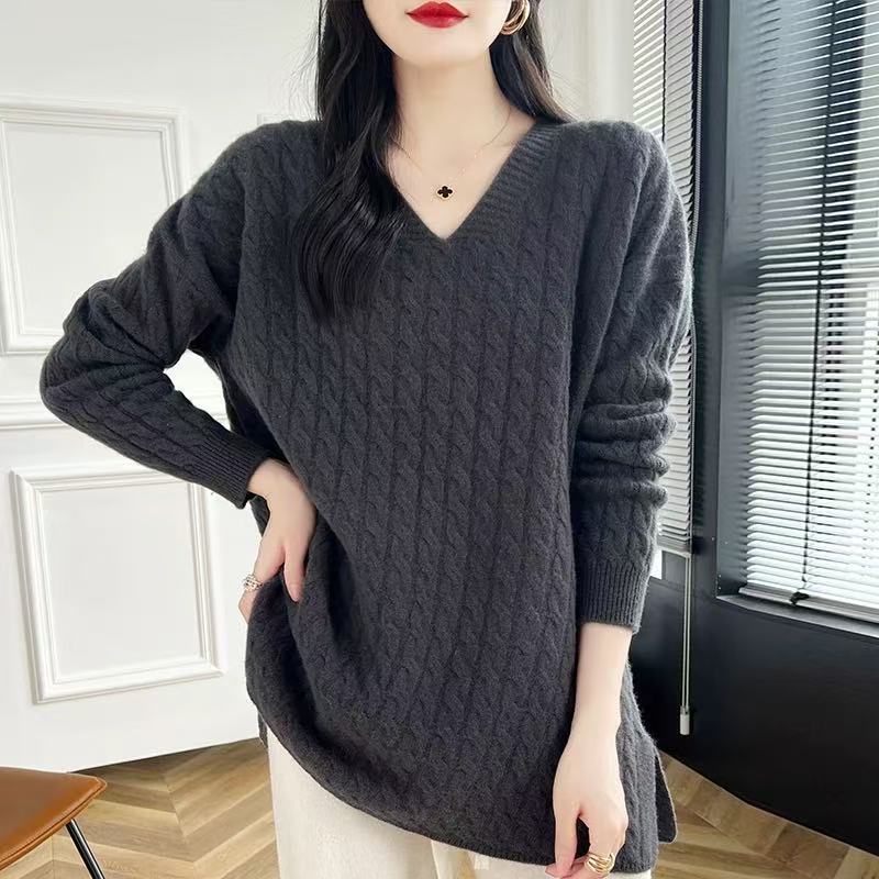 Damen Grobstrickpullover mit V-Ausschnitt und lässigem Schnitt EB