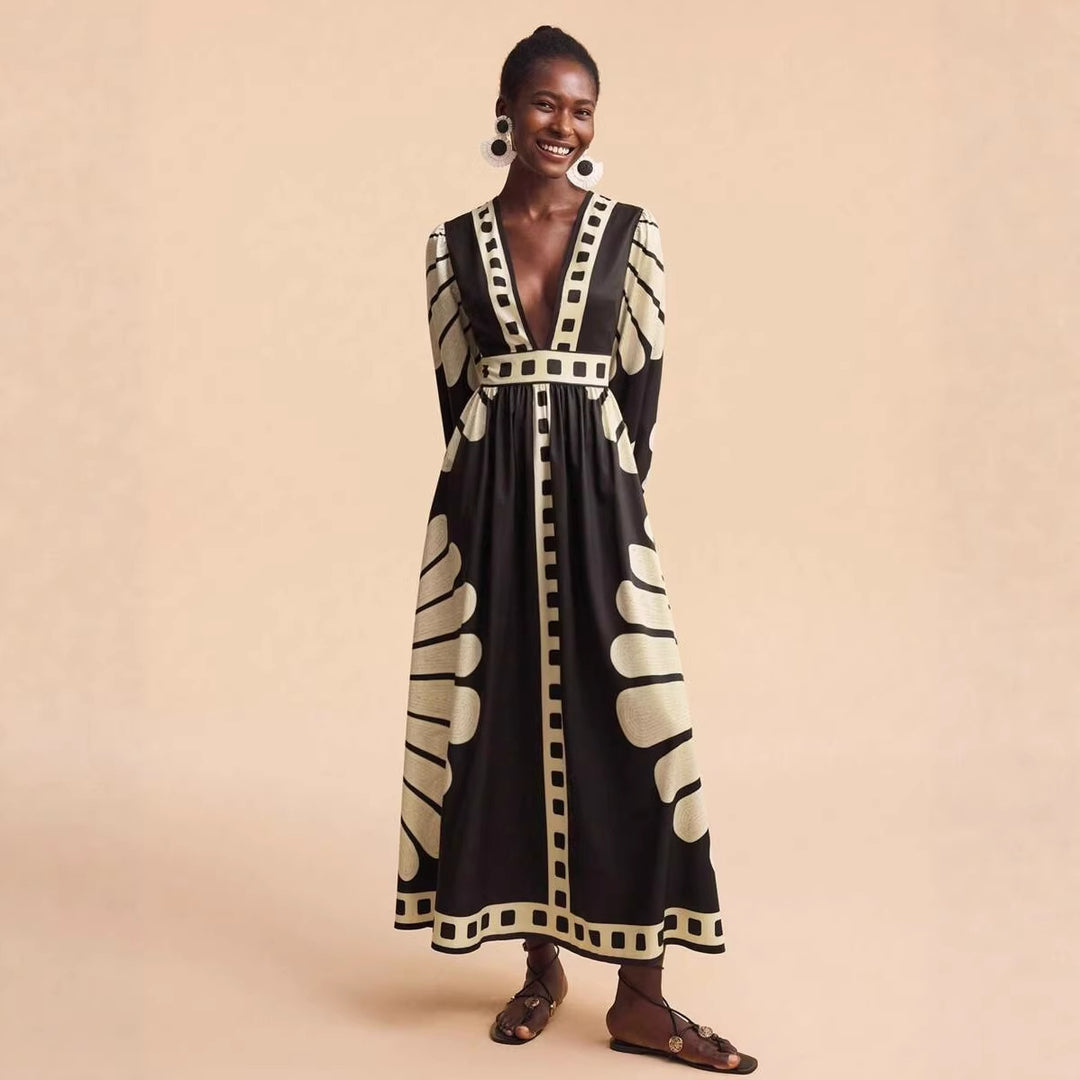 Damen Maxi-Kleid mit tiefem V-Ausschnitt und extravaganten Ärmel-Designs EB