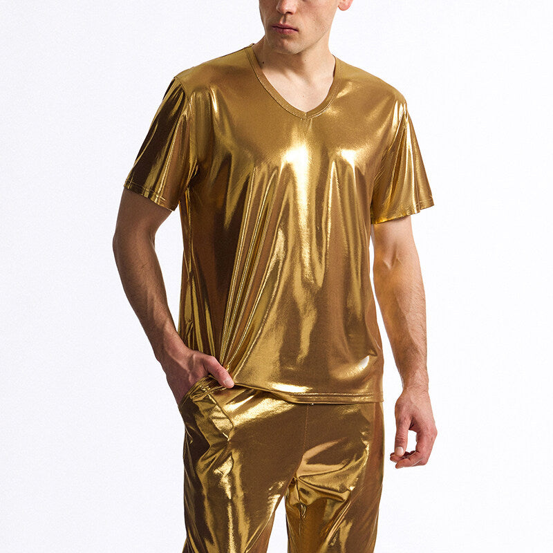 Herren Glänzendes V-Ausschnitt T-Shirt aus hochwertigen Materialien EB