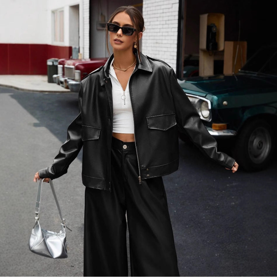 Damen modische Kunstlederjacke im Oversized-Stil EB