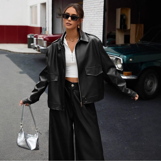 Damen modische Kunstlederjacke im Oversized-Stil EB