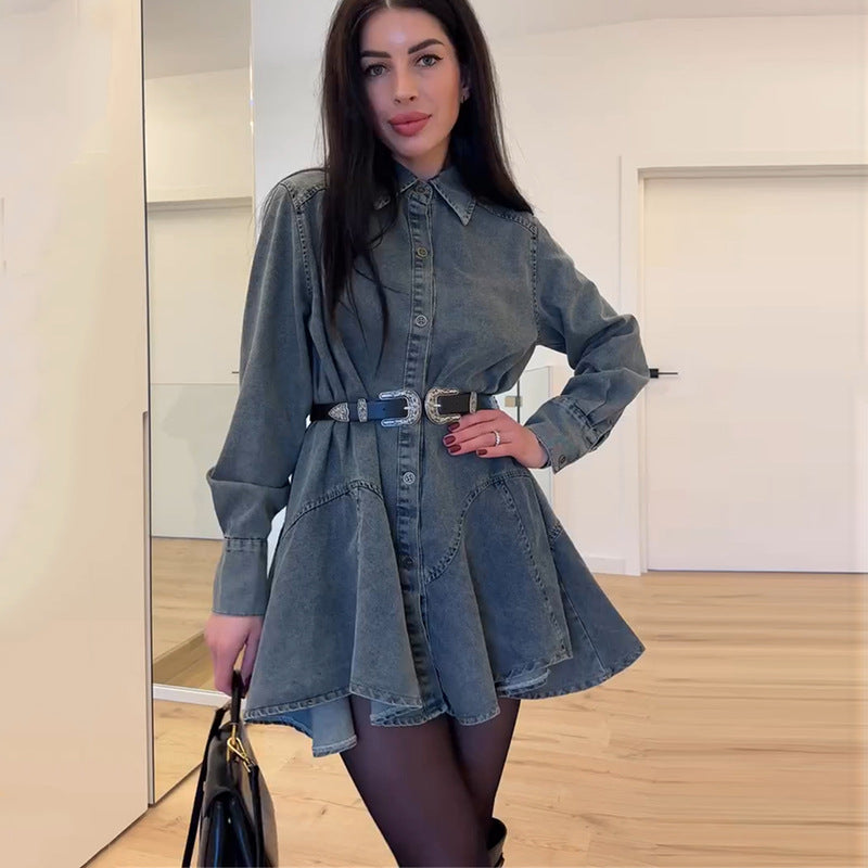 Damen Denim Knopfkleid mit tailliertem Schnitt und Gürtel EB