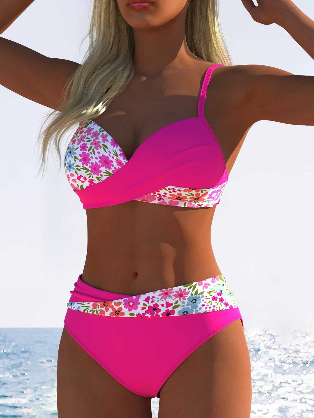 Damen Bikini-Set mit floralem Wickelmuster und bequemen High-Waist-Höschen EB