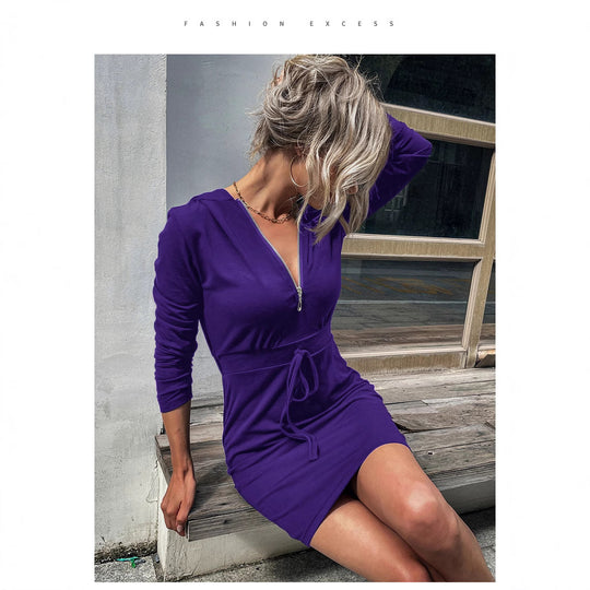 Damen Kapuzenkleid mit Reißverschluss und Taillenzug EB
