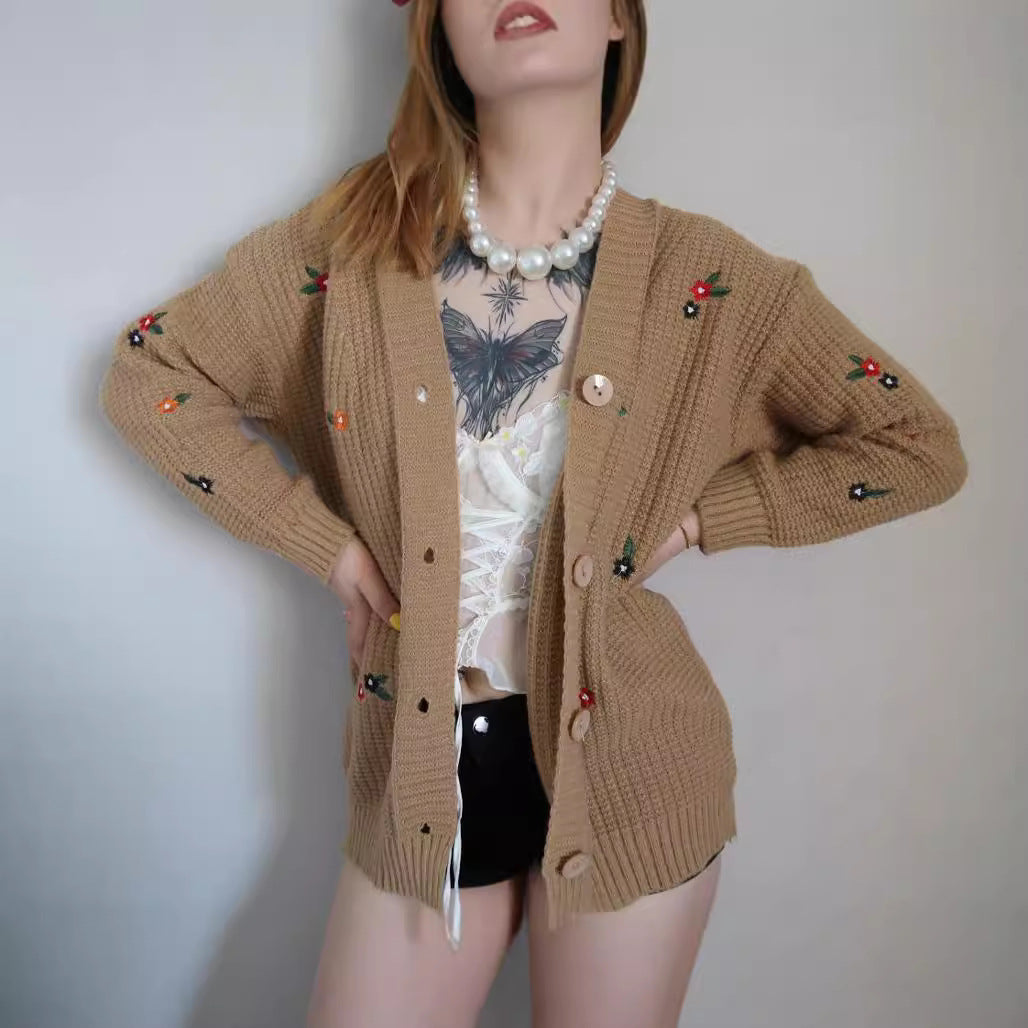 Damen Strickjacke mit buntem Blumenstickereien EB