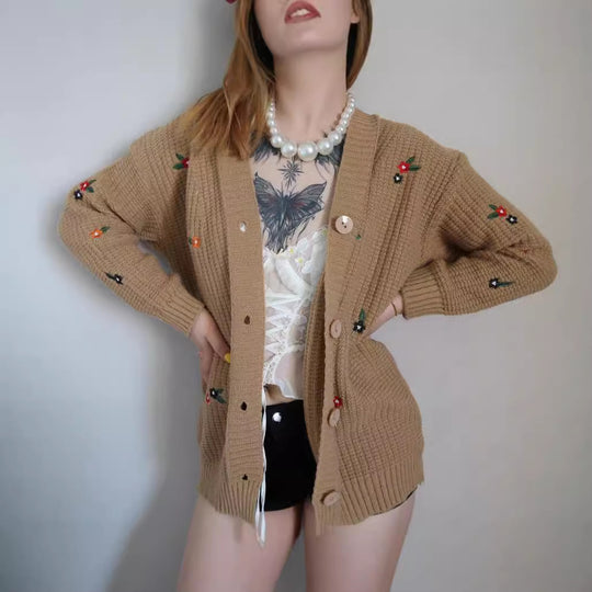 Damen Strickjacke mit buntem Blumenstickereien EB