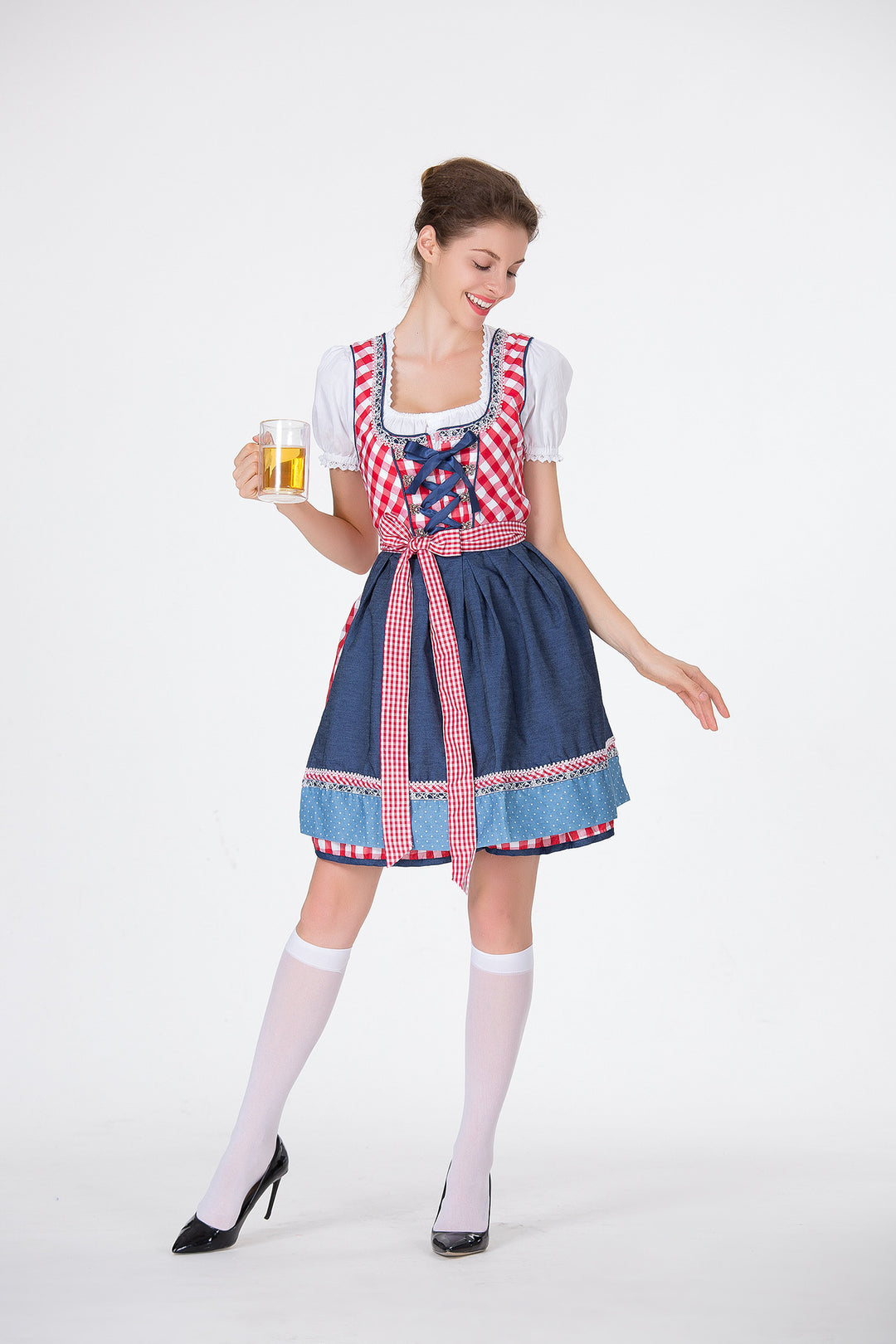 Damen Trachtenkleid mit traditionellem Karomuster und schwingendem Unterrock EB