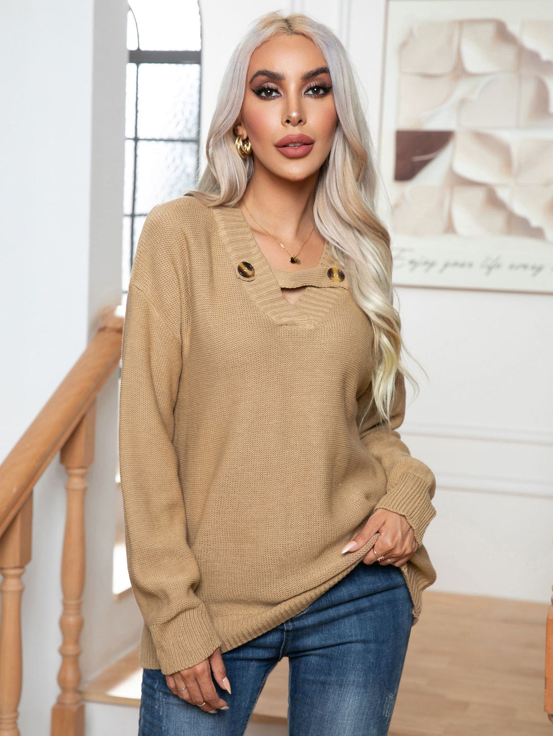 Damen Strickpullover mit modischem Knopfdesign EB