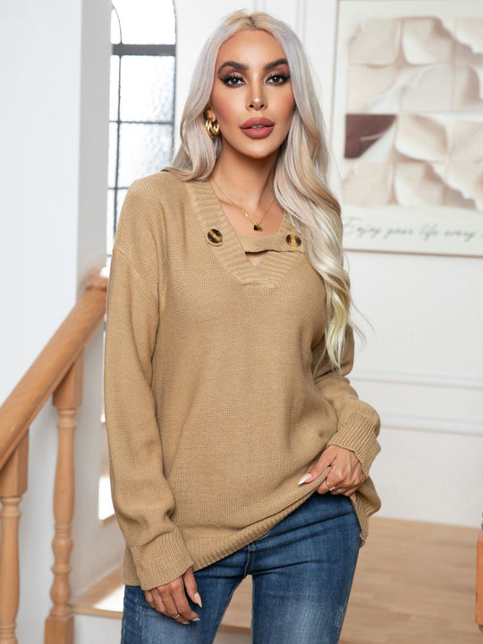 Damen Strickpullover mit modischem Knopfdesign EB