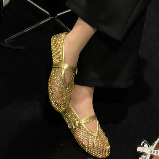 Damen Ballerinas mit goldenem Netzdesign und modischem Riemchen EB