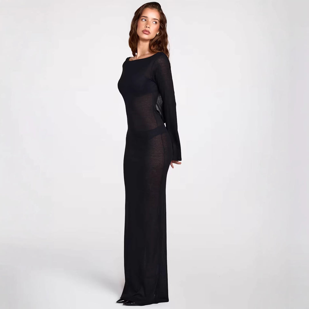 Damen elegantes langärmliges Maxikleid aus transparentem Stoff mit figurbetontem Schnitt EB