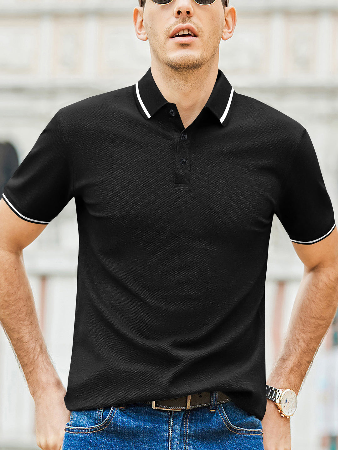 Herren Kurzarm-Polohemd mit modernem Bicolor-Kragen und atmungsaktiver Baumwollqualität EB