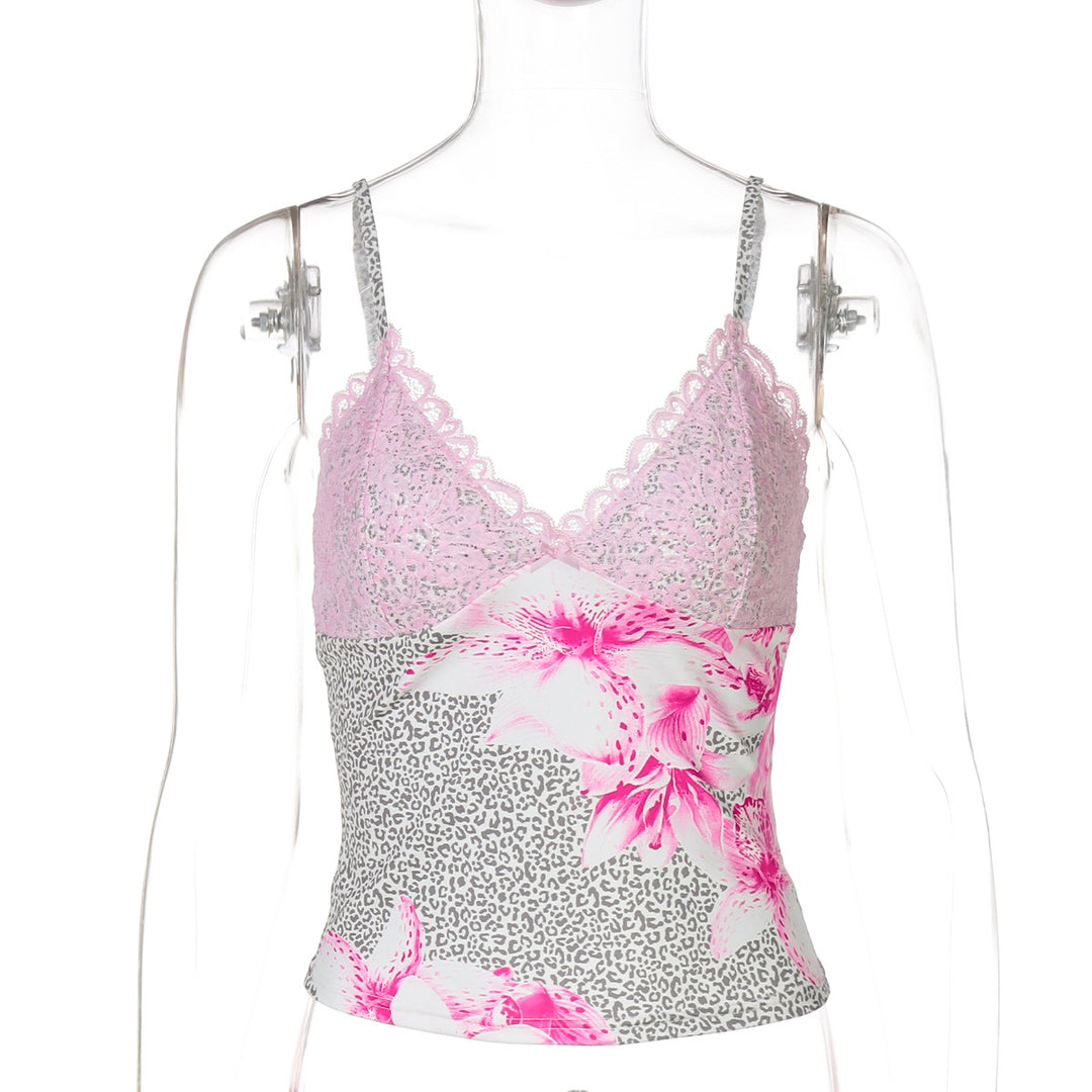 Damen Spaghettiträger Top mit Blumenmuster und Spitze EB
