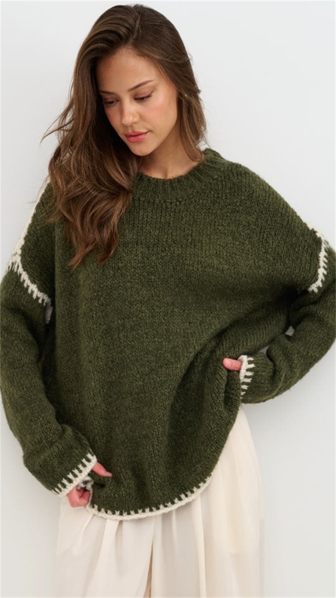 Damen kuscheliger Strickpullover mit kontrastierenden Akzentdetails EB