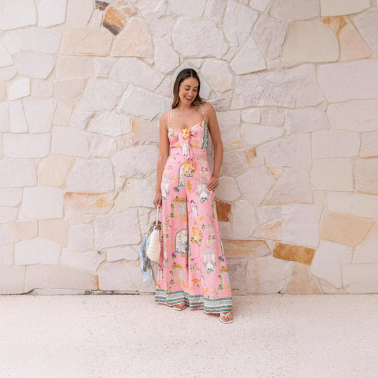 Damen langes Sommerkleid mit verspieltem Dekolleté und buntem Muster EB