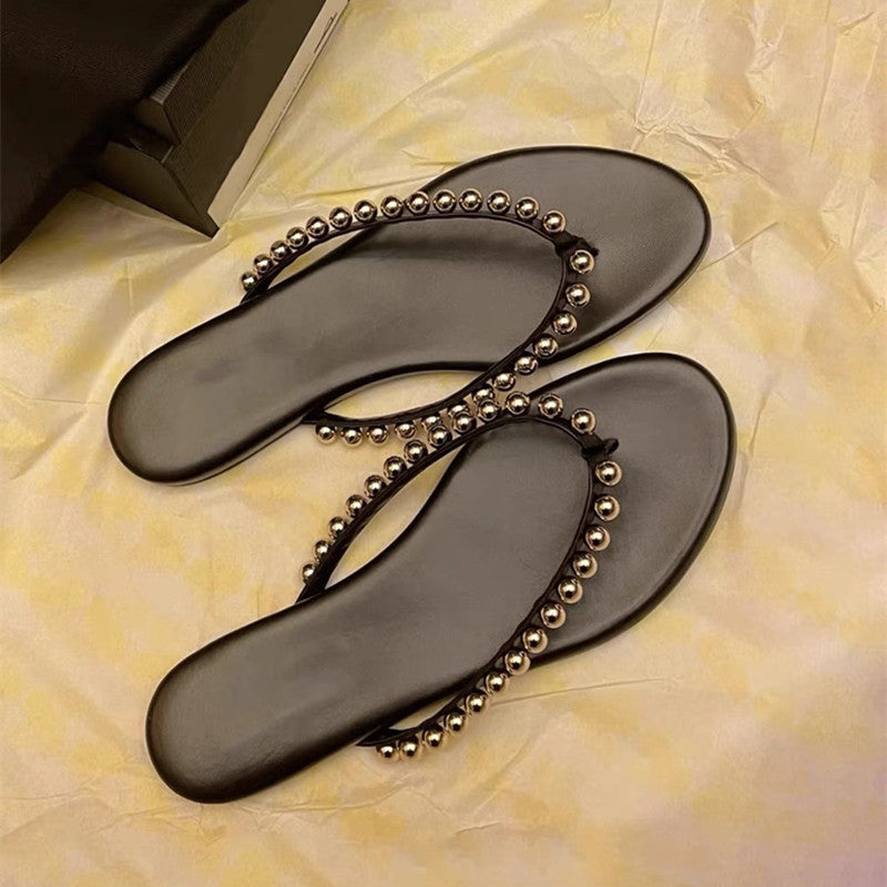 Damen Glänzende Zehentrenner-Sandalen mit modischen Perlenverzierungen EB