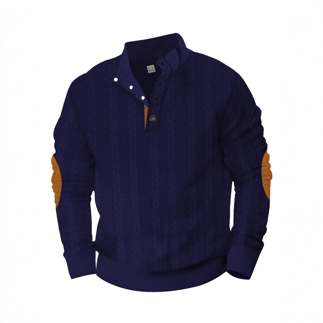 Herren nan Zopfmuster-Halbknopf-Pullover mit hohem Stehkragen und Wildleder-Ellbogenpatches EB