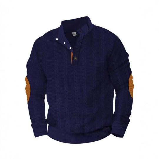 Herren nan Zopfmuster-Halbknopf-Pullover mit hohem Stehkragen und Wildleder-Ellbogenpatches EB