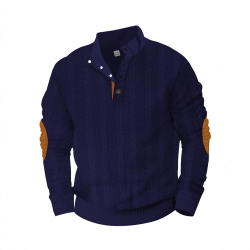 Herren nan Zopfmuster-Halbknopf-Pullover mit hohem Stehkragen und Wildleder-Ellbogenpatches EB