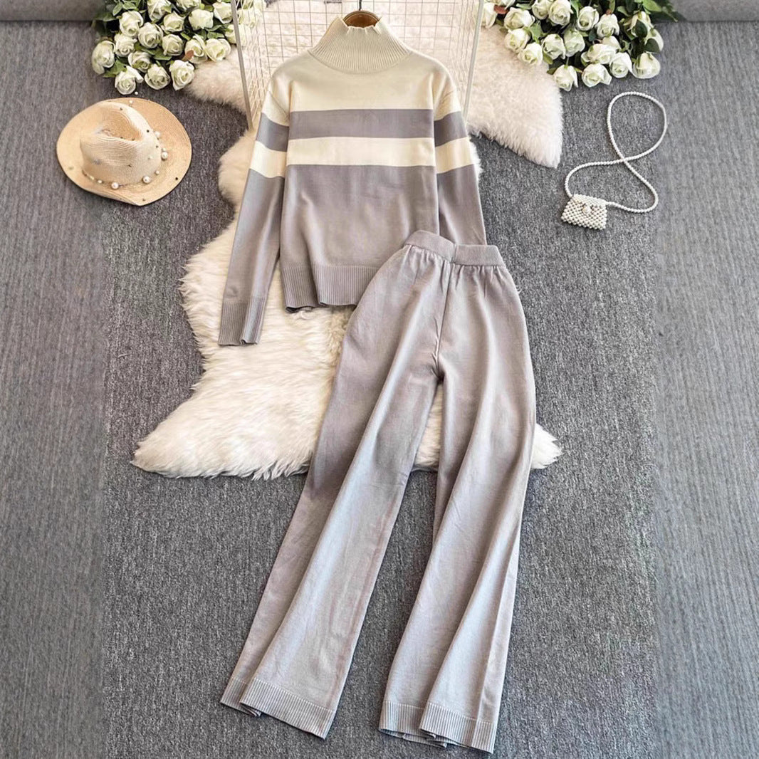 Damen modisches Strick-Loungewear-Set mit hohem Kragen und breiten Streifen EB