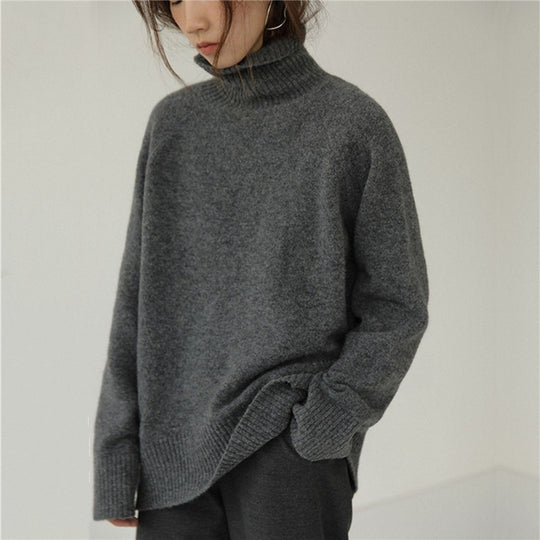 Damen Oversized Pullover mit hohem Kragen und Puffärmeln EB