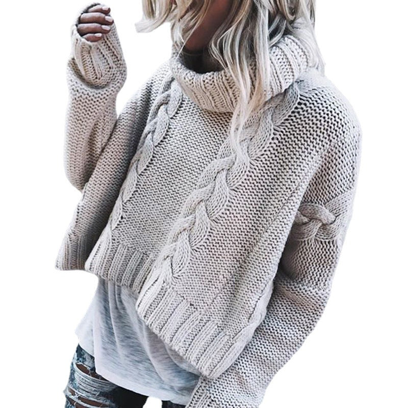 Damen Grobstrickpullover mit voluminösem Rollkragen und Zopfmuster EB