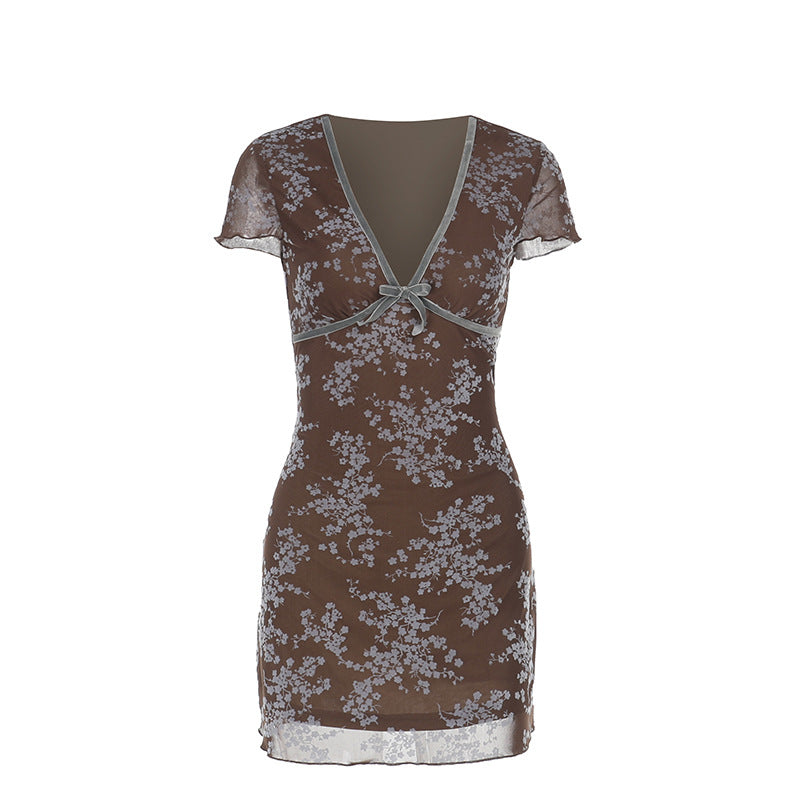 Damen sexy Mini-Kleid mit floralem Spitzenmuster und tiefem V-Ausschnitt EB