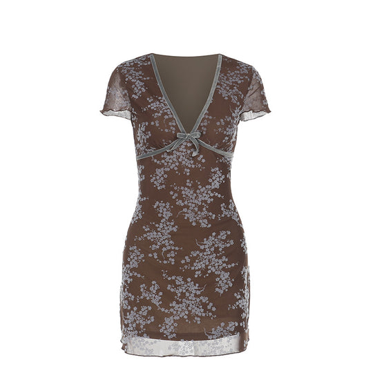 Damen sexy Mini-Kleid mit floralem Spitzenmuster und tiefem V-Ausschnitt EB