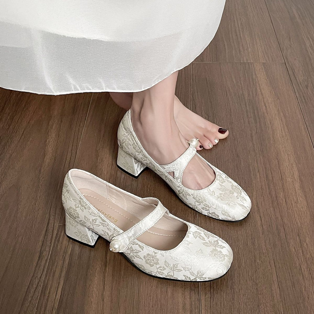 Damen elegante Mary Jane Pumps mit floralem Jacquard-Muster und bequemem Blockabsatz EB