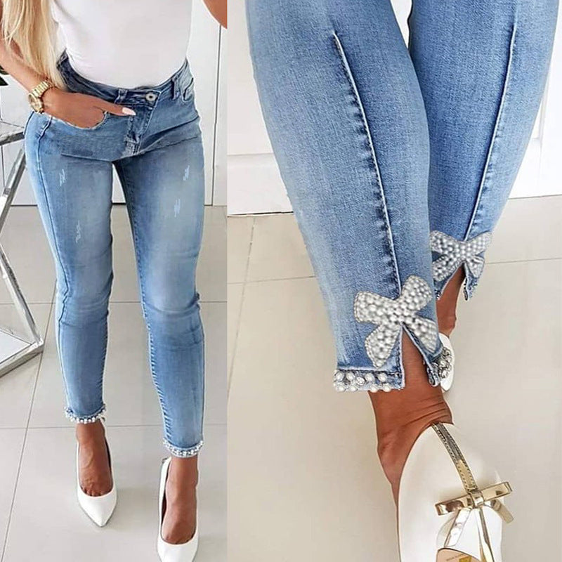 Damen Skinny Jeans mit Perlen- und Schleifendetails EB