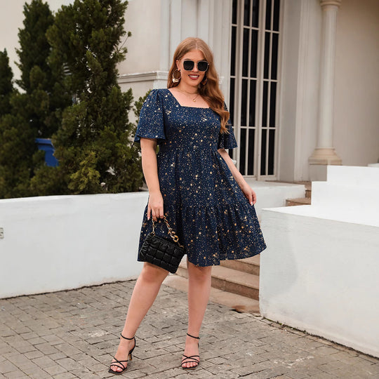 Damen Fließendes Maxikleid mit schimmerndem Sternenprint und weitem Rock EB