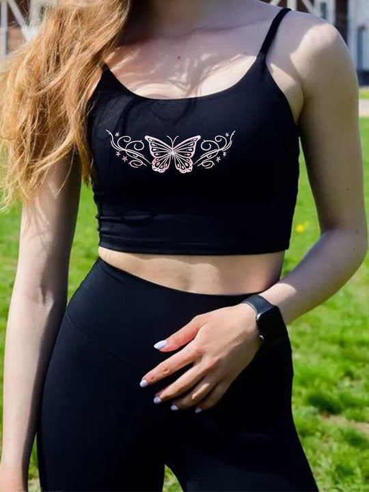 Damen Crop-Top mit kreativem Schriftzug und feinen Trägern EB