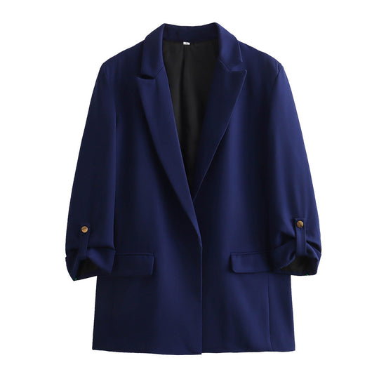 Damen elegante Blazerjacke mit strukturierten Ärmeln und dezenten Goldakzenten EB