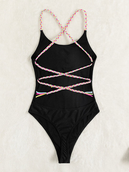 Damen Sportlicher einteiliger Badeanzug mit stylischen geflochtenen Trägern EB