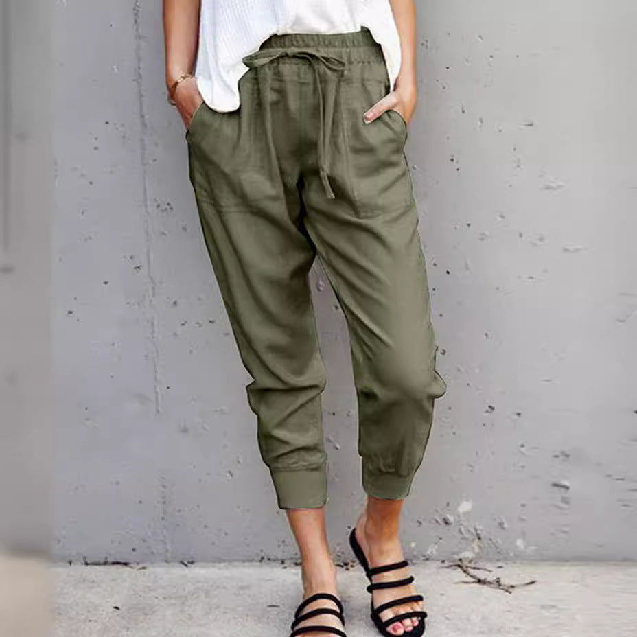 Damen nan lässige tapered Leinenhose mit elastischem Bund und Bündchen EB